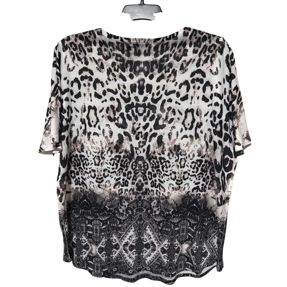 C.J. Banks Women 3X Leopard Animal Print Rhinestone Accent Short Slv Top Black - Picture 3 of 5